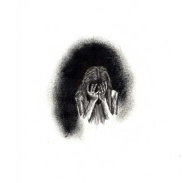charcoal and pen drawing of woman holding her head in her hands