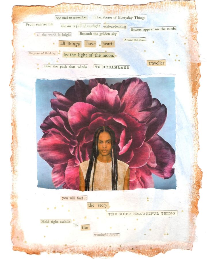 Torn paper collage of stickers of text and a woman in front of a red flower