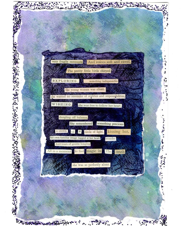 Painted paper with glittery edges and stickers with printed text