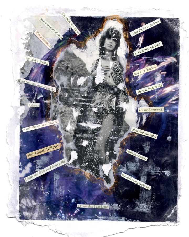 Photo of woman wearing a dress surrounded by stickers of text 